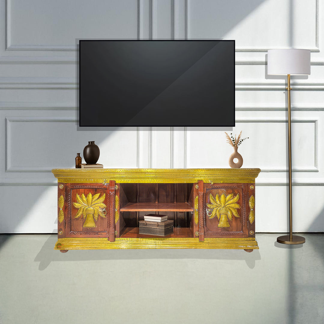 Natural Mango Wood Media Unit with Brass Inlay Work | Dubai, Abu Dhabi, Sharjah & Ajman