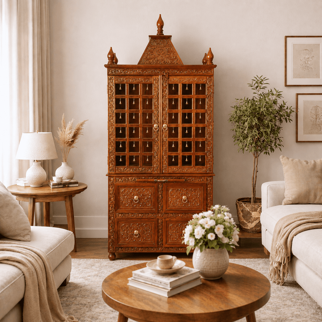 Premium Solid Solid Wood Home Temple Cabinet with Hand-Carved Jali Work doors