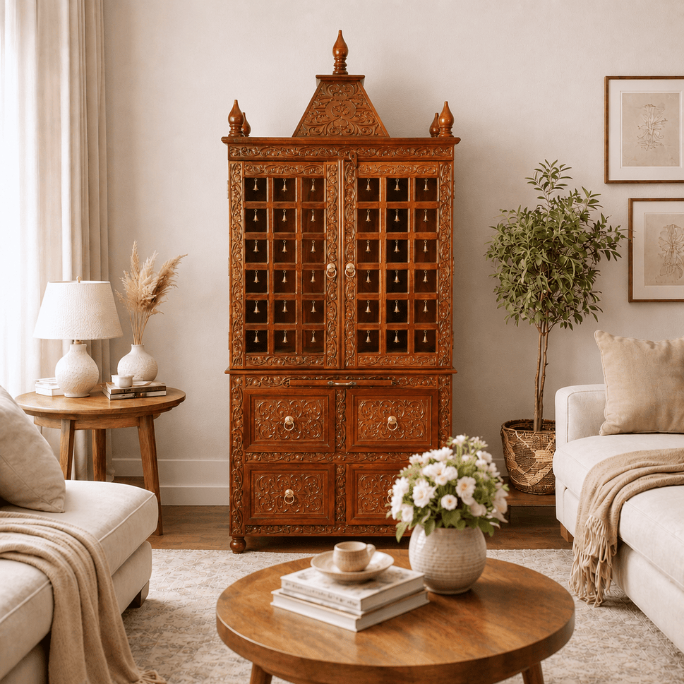 Premium Solid Solid Wood Home Temple Cabinet with Hand-Carved Jali Work doors