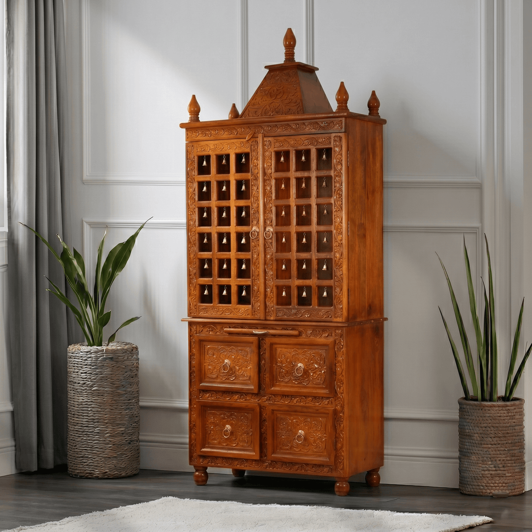 Premium Solid Solid Wood Home Temple Cabinet with Hand-Carved Jali Work doors