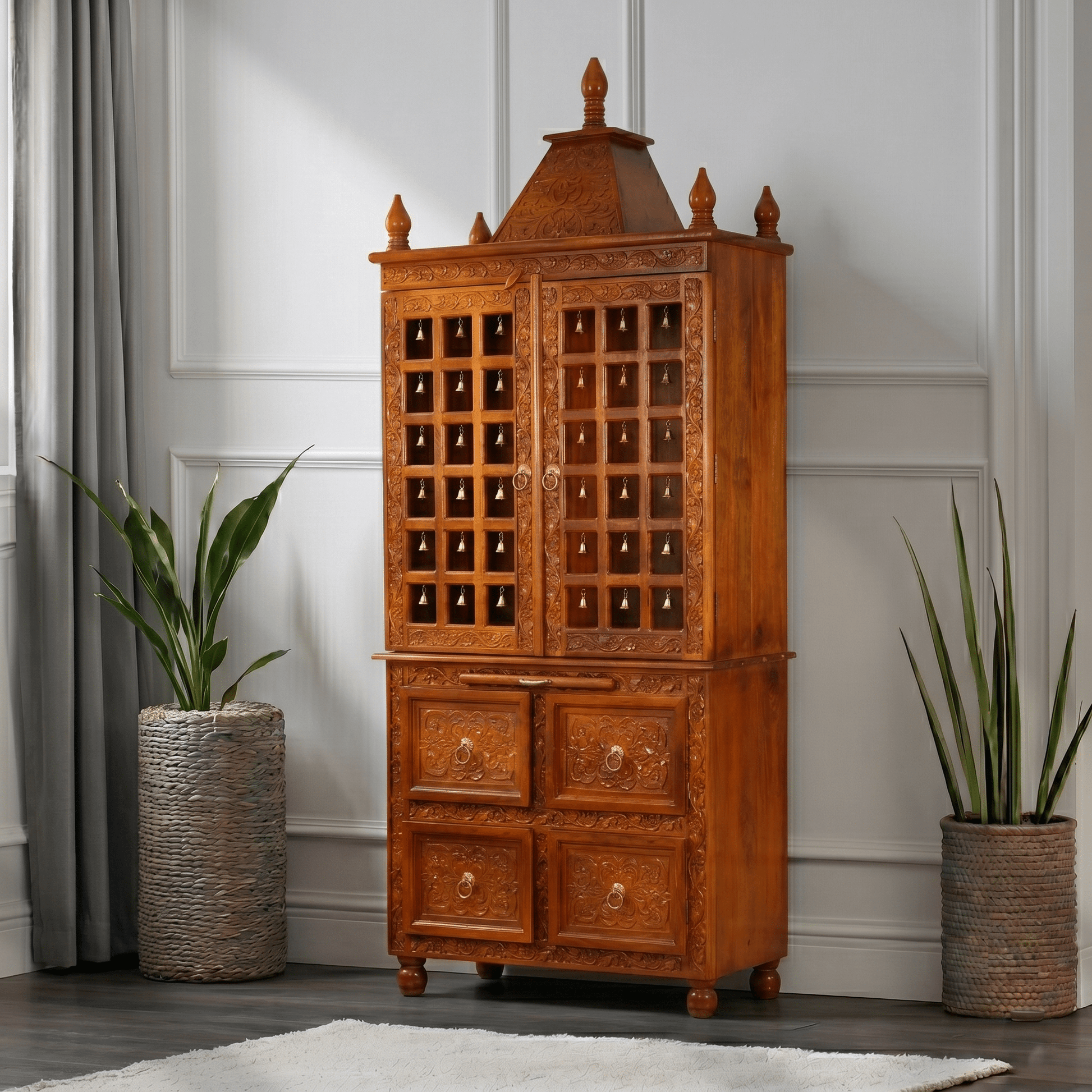 Premium Solid Solid Wood Home Temple Cabinet with Hand-Carved Jali Work doors