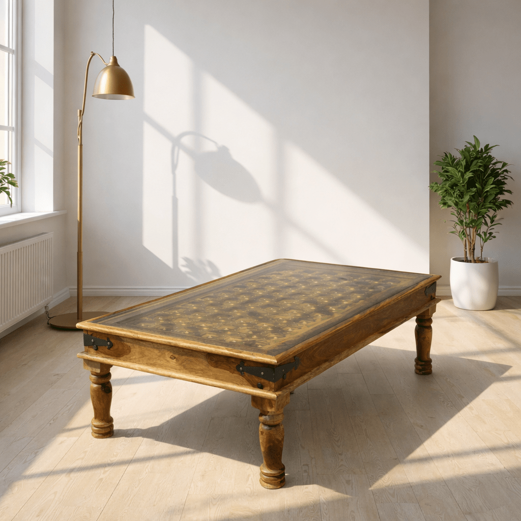 Handicrafted solid wood coffee & side table with brass inlay top | Dubai UAE