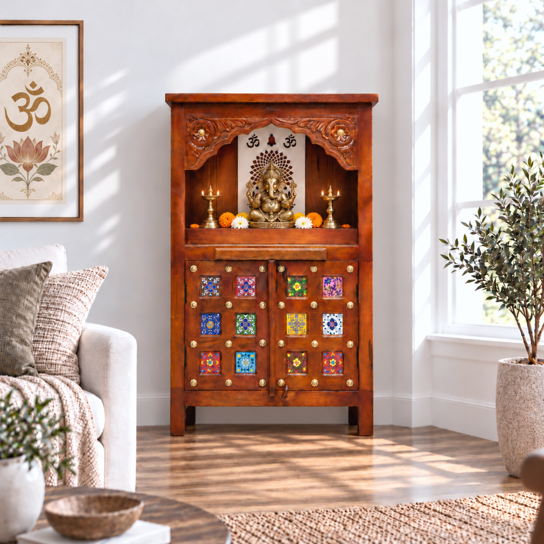 Mango Wood Pooja Mandapam with Om Design and Drawer