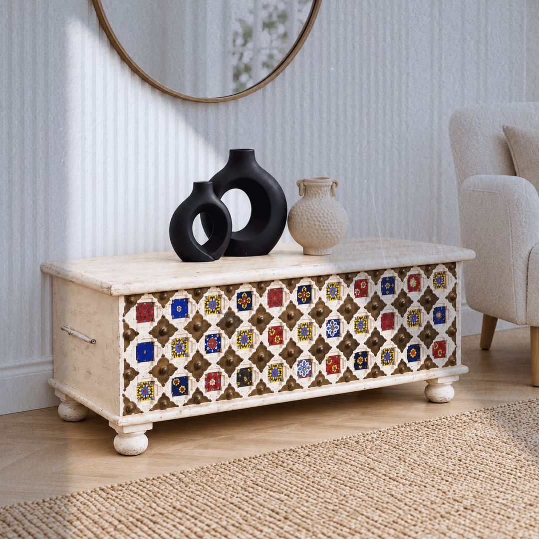 heritage mango wood trunk with handmade tile inlay and brass details