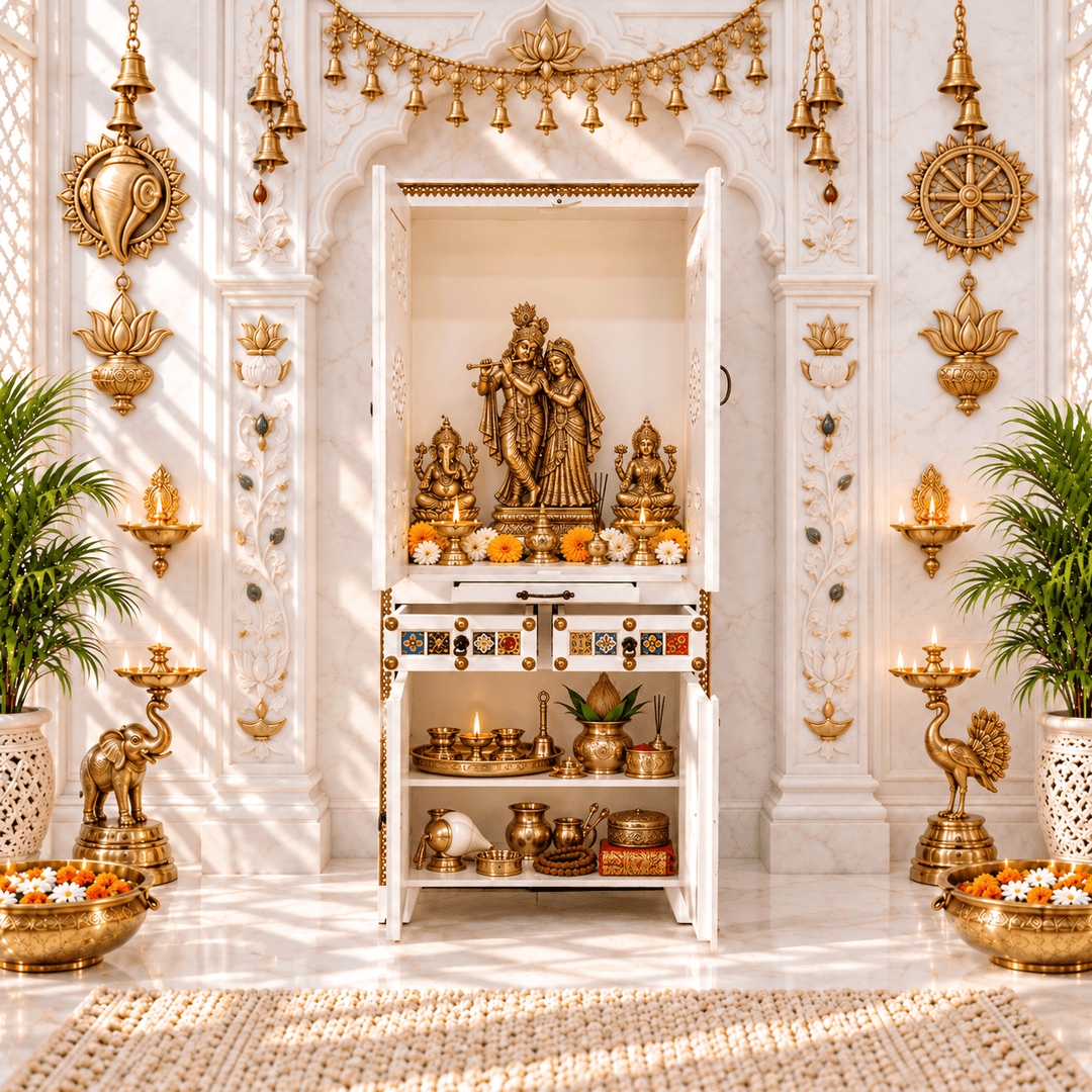Pooja Temple with white color with tiles fitted