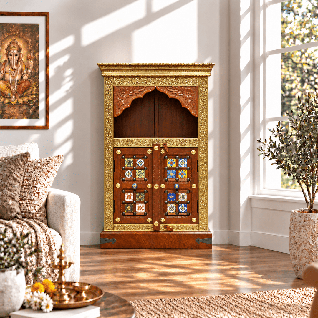 Indian Rosewood Pooja Mandapam with Brass and Tile Work