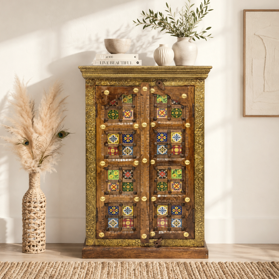 Rosewood Cabinet with Doors & Brass Fitted Storage