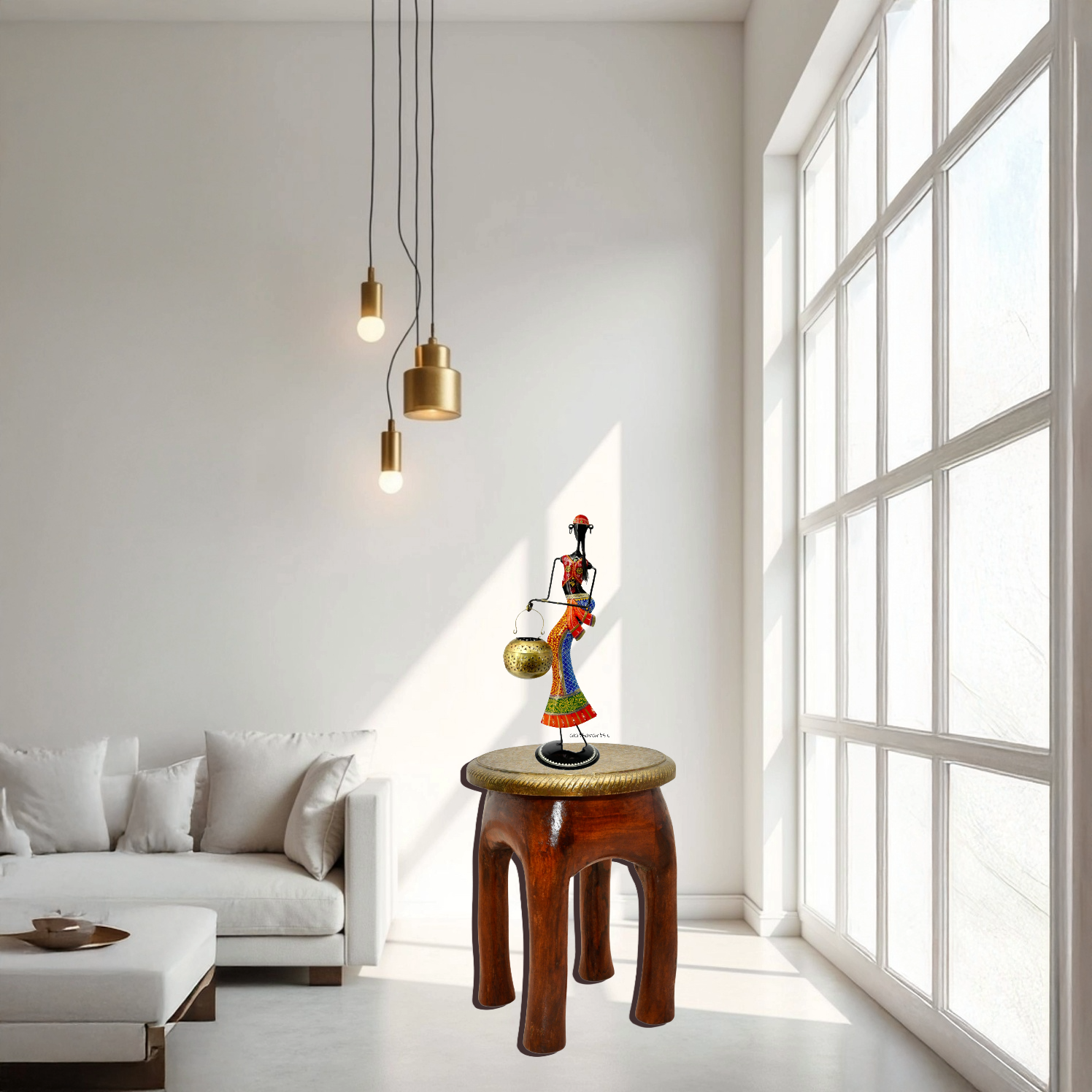 Handcrafted Brass Fitted Wooden Stool with Wood Color Finish | Dubai UAE