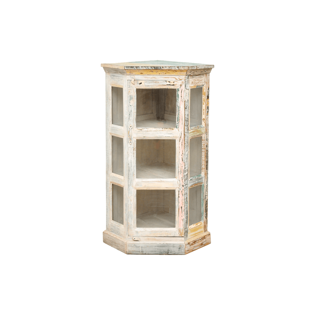 Farmhouse Corner Storage Cabinet – Distressed Display Shelf
