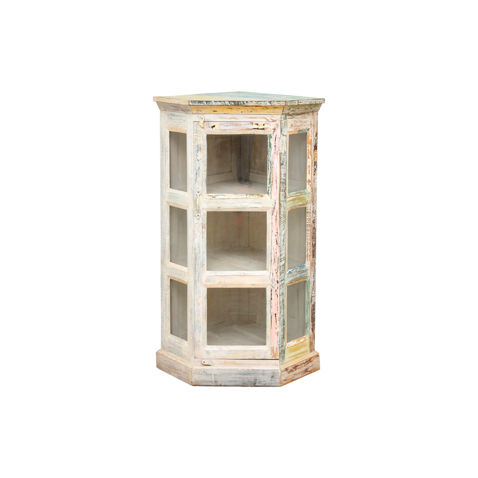 Farmhouse Corner Storage Cabinet – Distressed Wood Display Shelf for Small Spaces