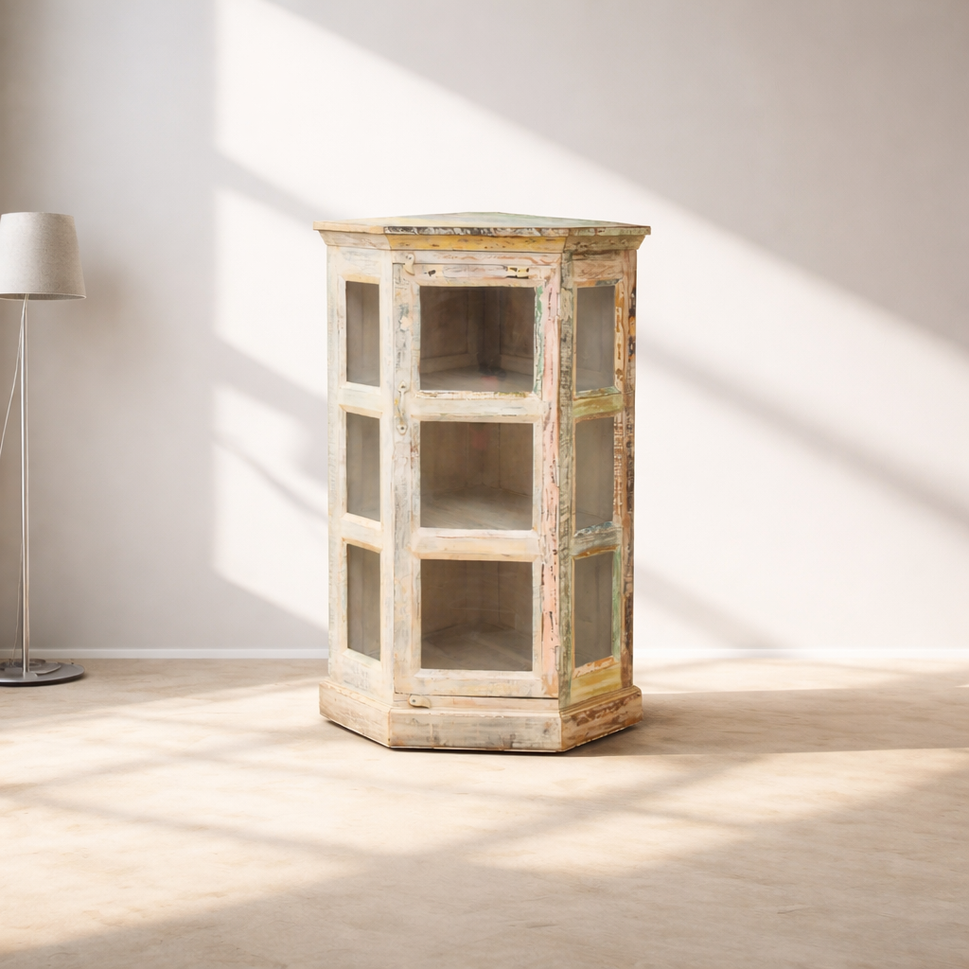 Farmhouse Corner Storage Cabinet – Distressed Wood Display Shelf for Small Spaces