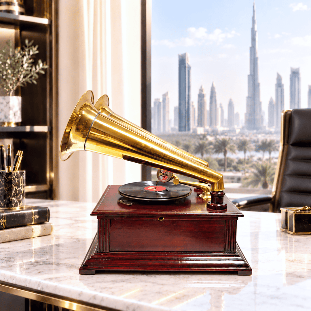 Antique & Vintage Gramophone With 2 Speaker With Natural Wood Finish