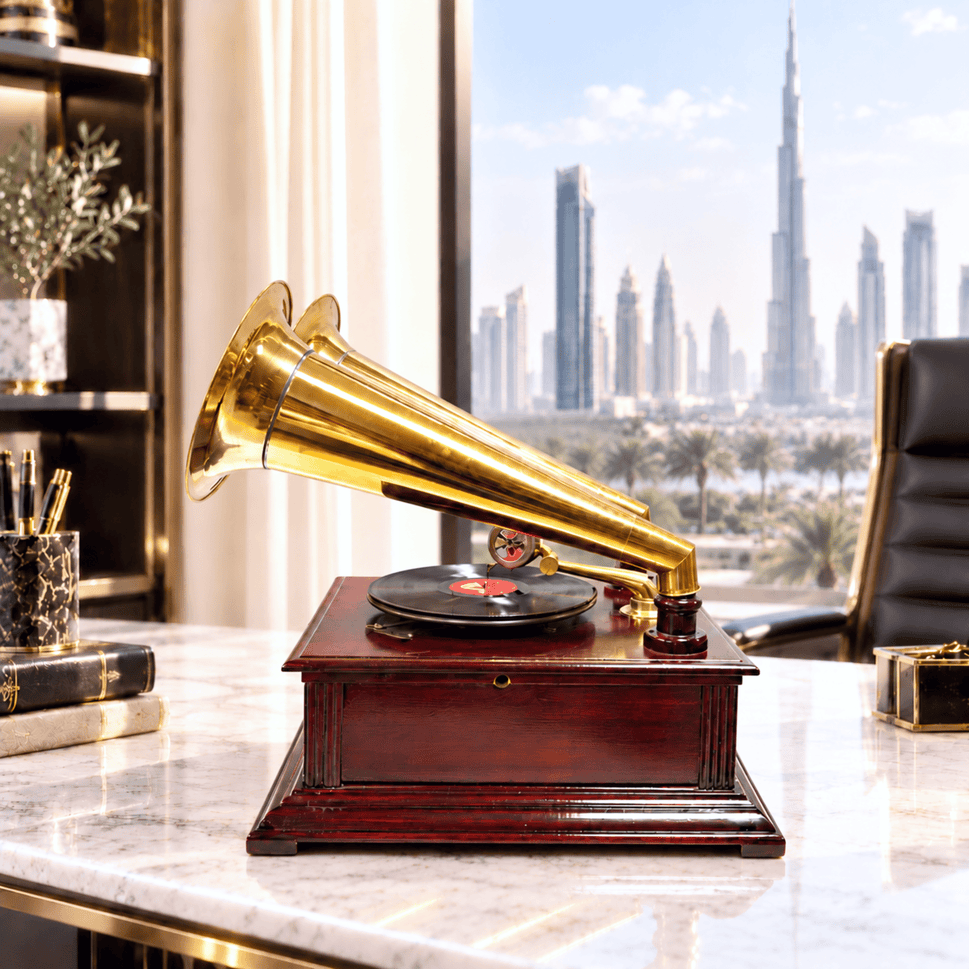 Antique & Vintage Gramophone With 2 Speaker With Natural Wood Finish