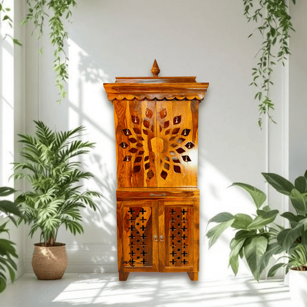 Solid wood Home Mandir with shelve with door