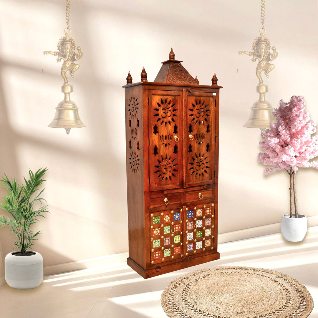 Solid Mango Wood Pooja Temple with Hand Carved Design | UAE