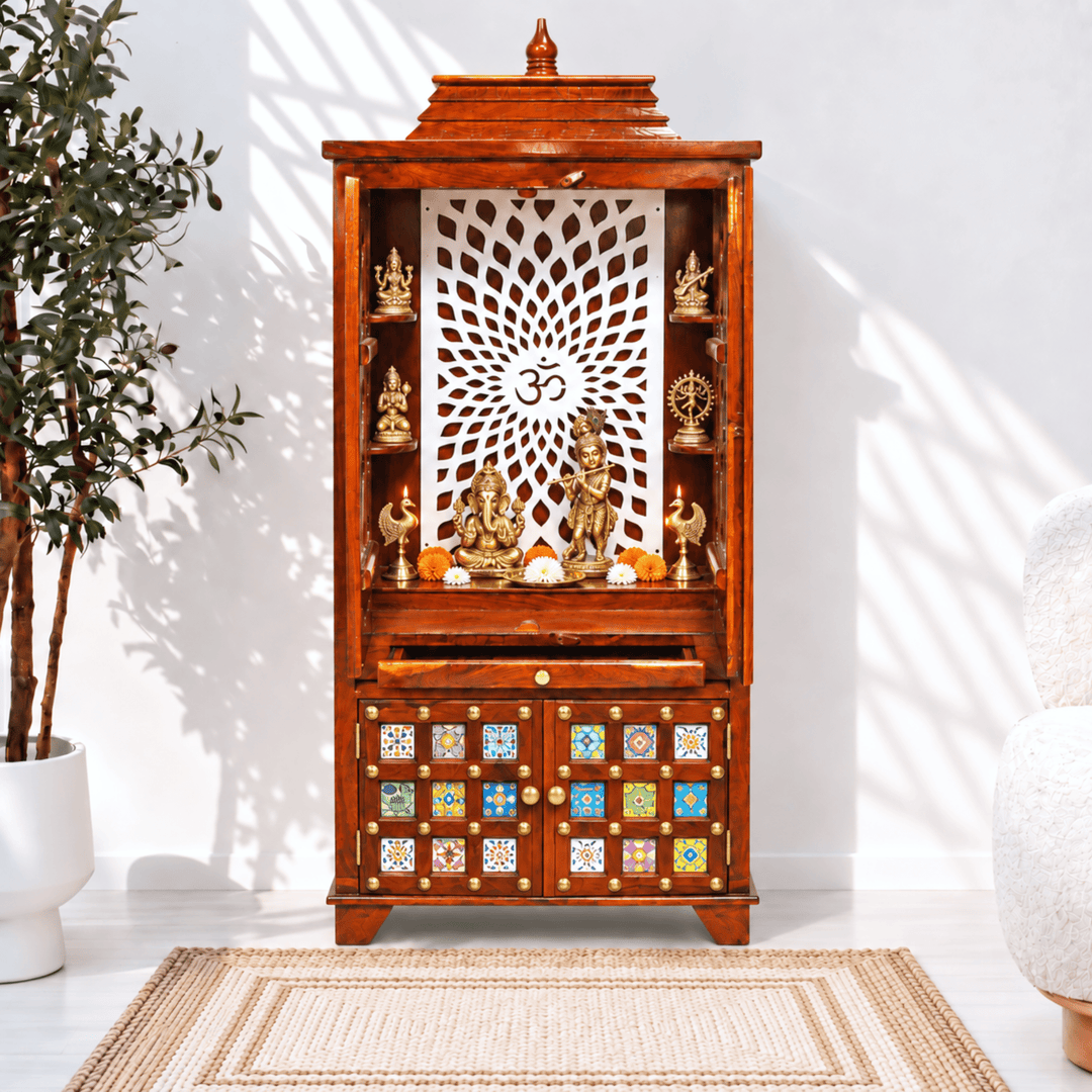 Traditional sheesham wood home mandir with drawer and storage box