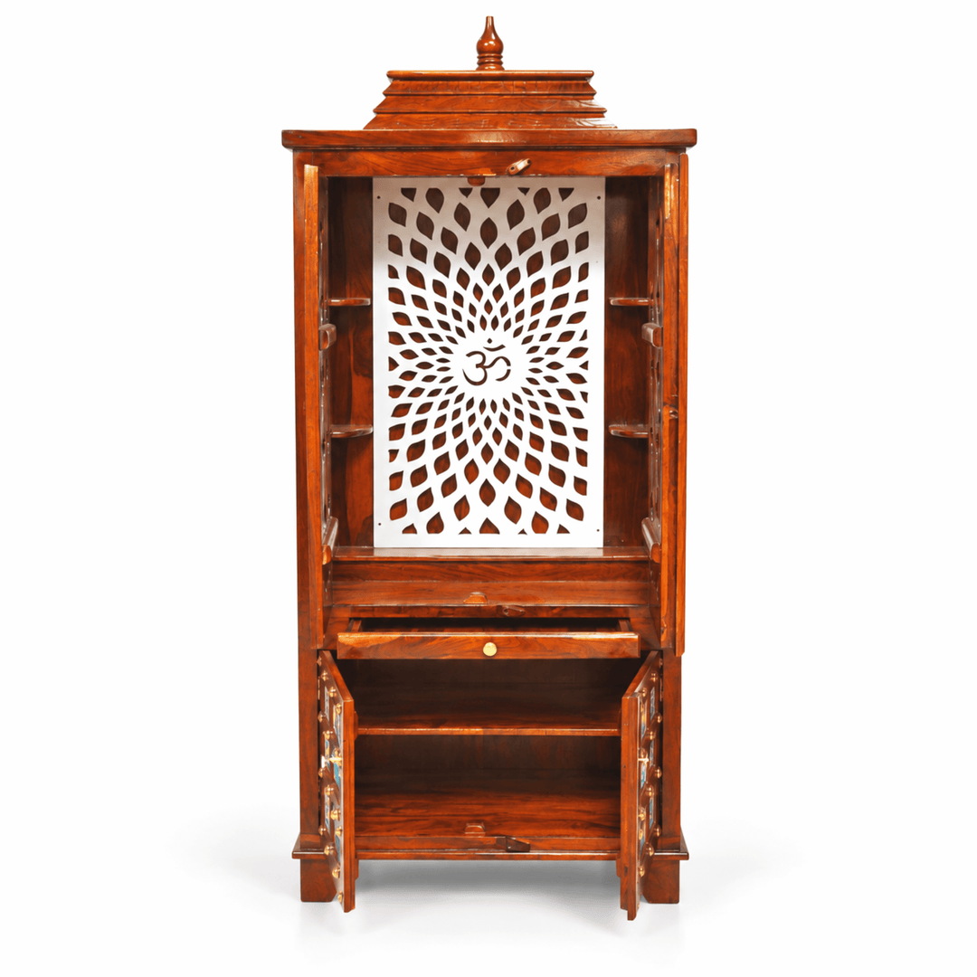 Traditional sheesham wood home mandir with drawer and storage box