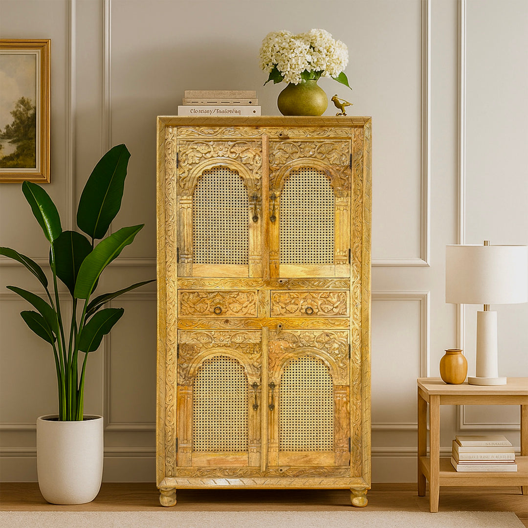 Hardwooden rattan cupboard with hand carving with natural wood finish