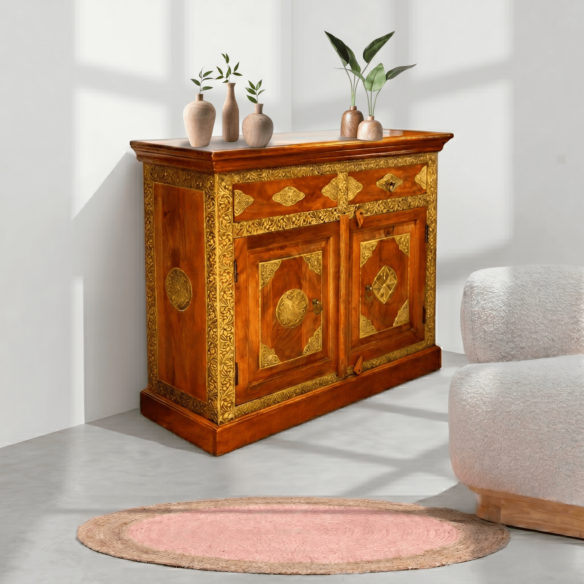 Modern wooden sideboard with brass fitted work