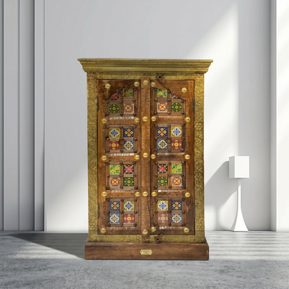 Rosewood Cabinet with Doors & Brass Fitted Storage