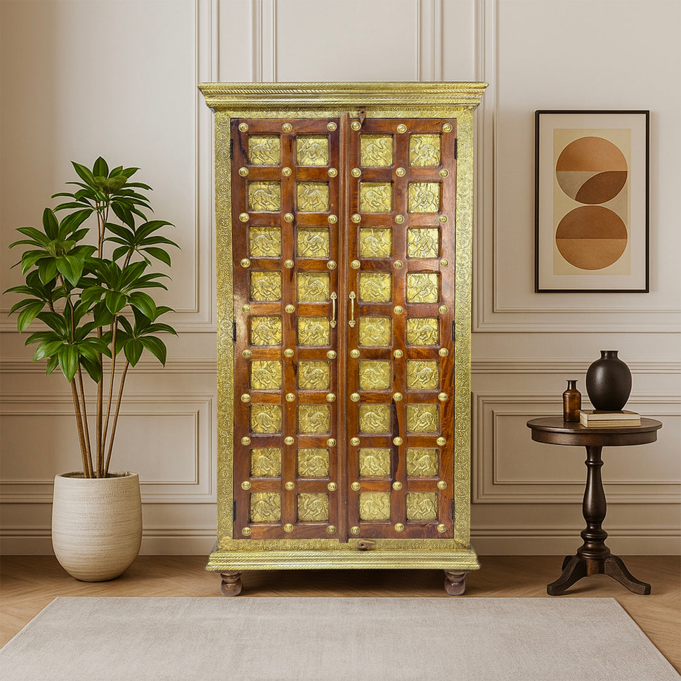 Indian solid wood cabinet with 2 doors with brass fitted work