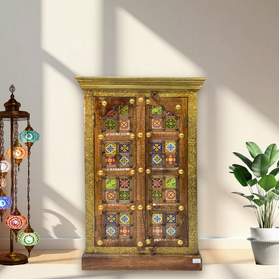 Rose Wood Pooja Temple with doors & storage cabinet with brass fitted work| Dubai Sharjah