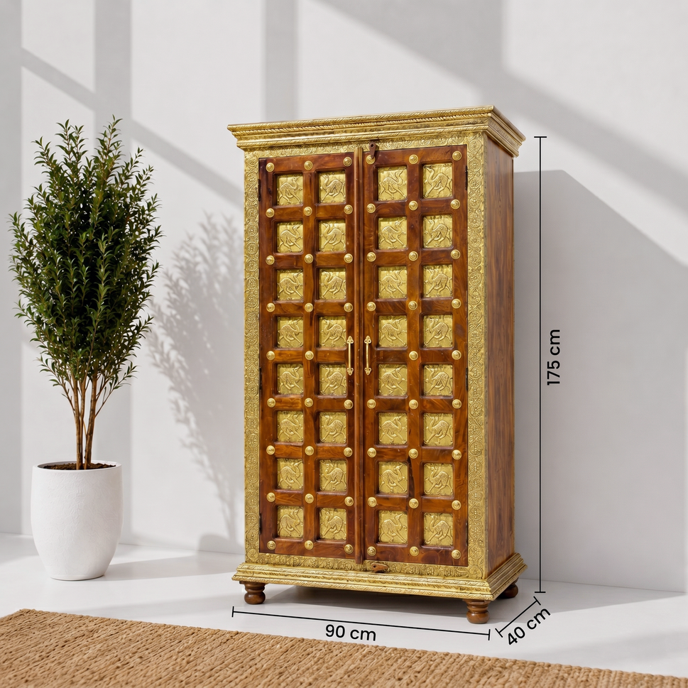 Indian solid wood cabinet with 2 doors with brass fitted work