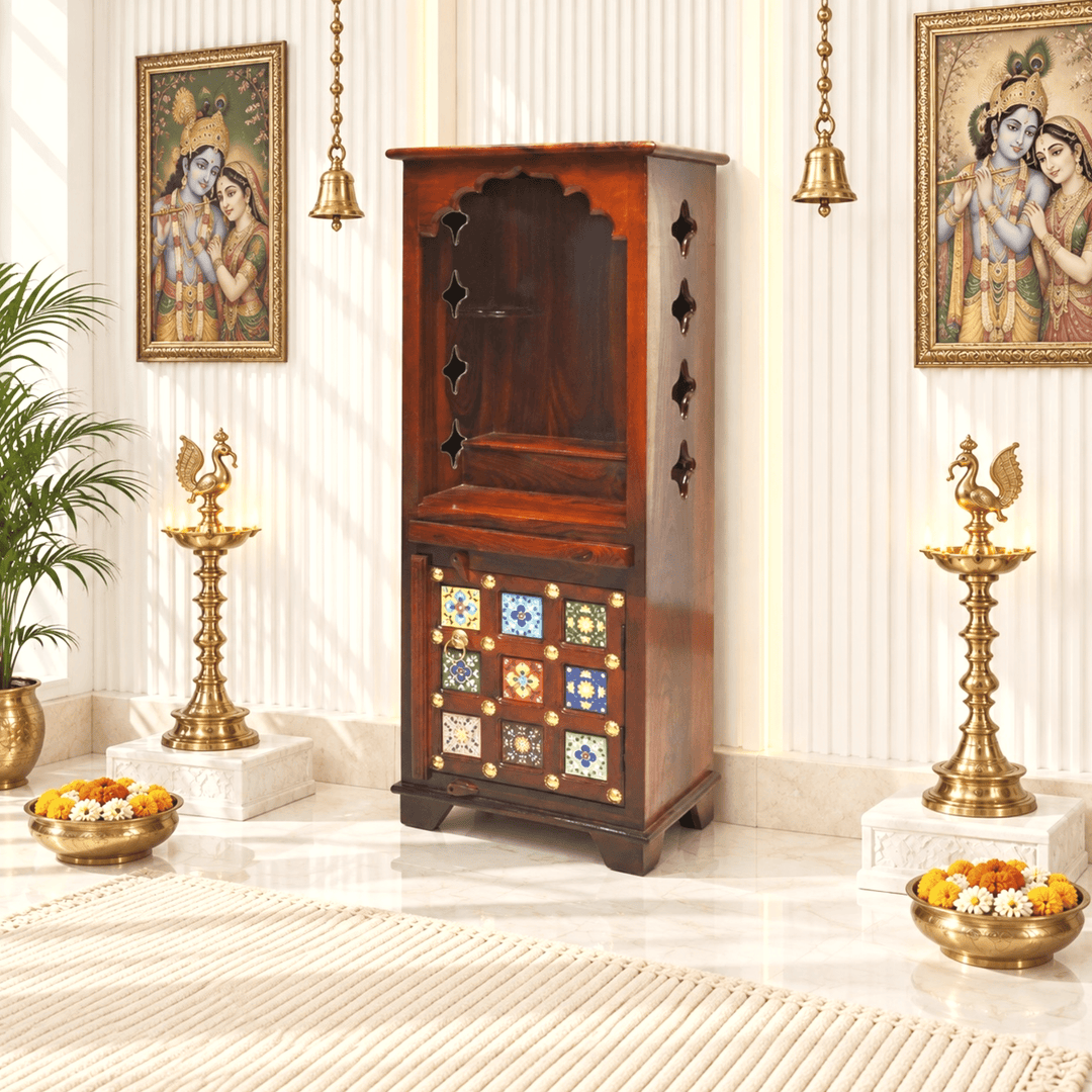 Tall and slim mango wood mandir with cupboard for home