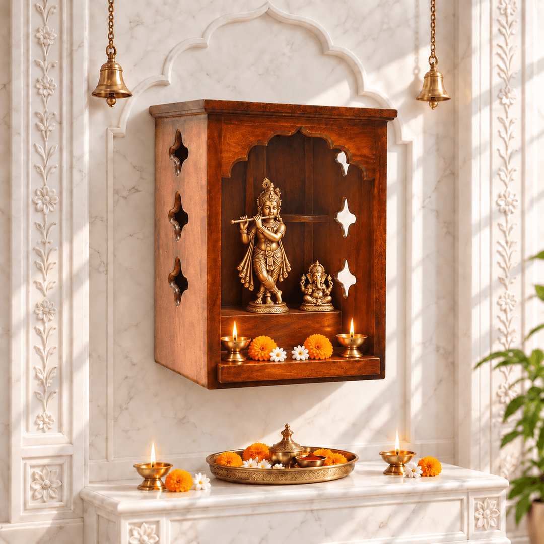 Organic Indian Wood Wall-Mounted Home Prayer Temple