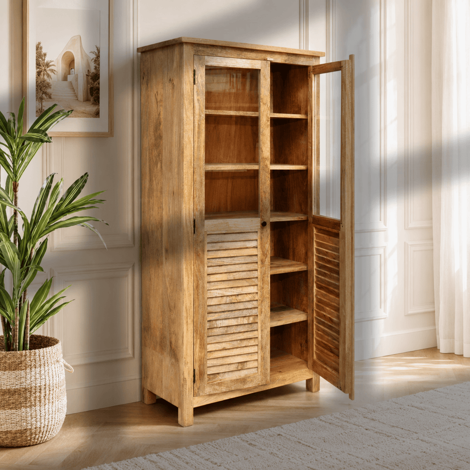 Modern Rustic Solid Mango Wood Glass Display Cabinet