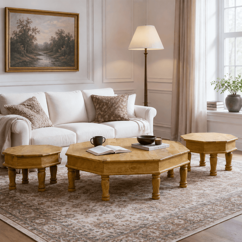 Royal Heritage Solid Mango Wood Hexagon Nesting Coffee Table Set of 3