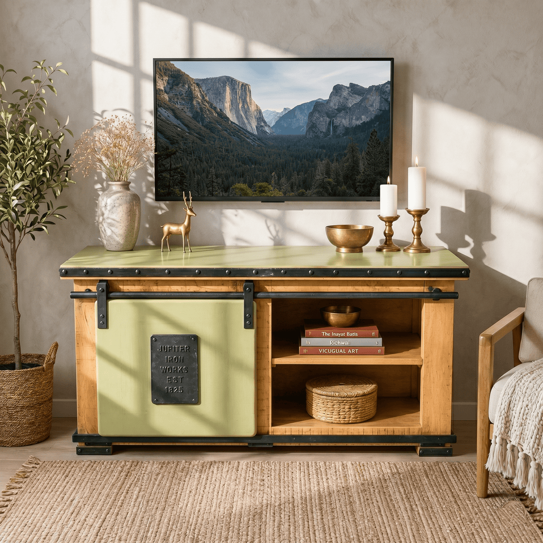 Lunaro solid Wood TV Console Unit with Sliding Door