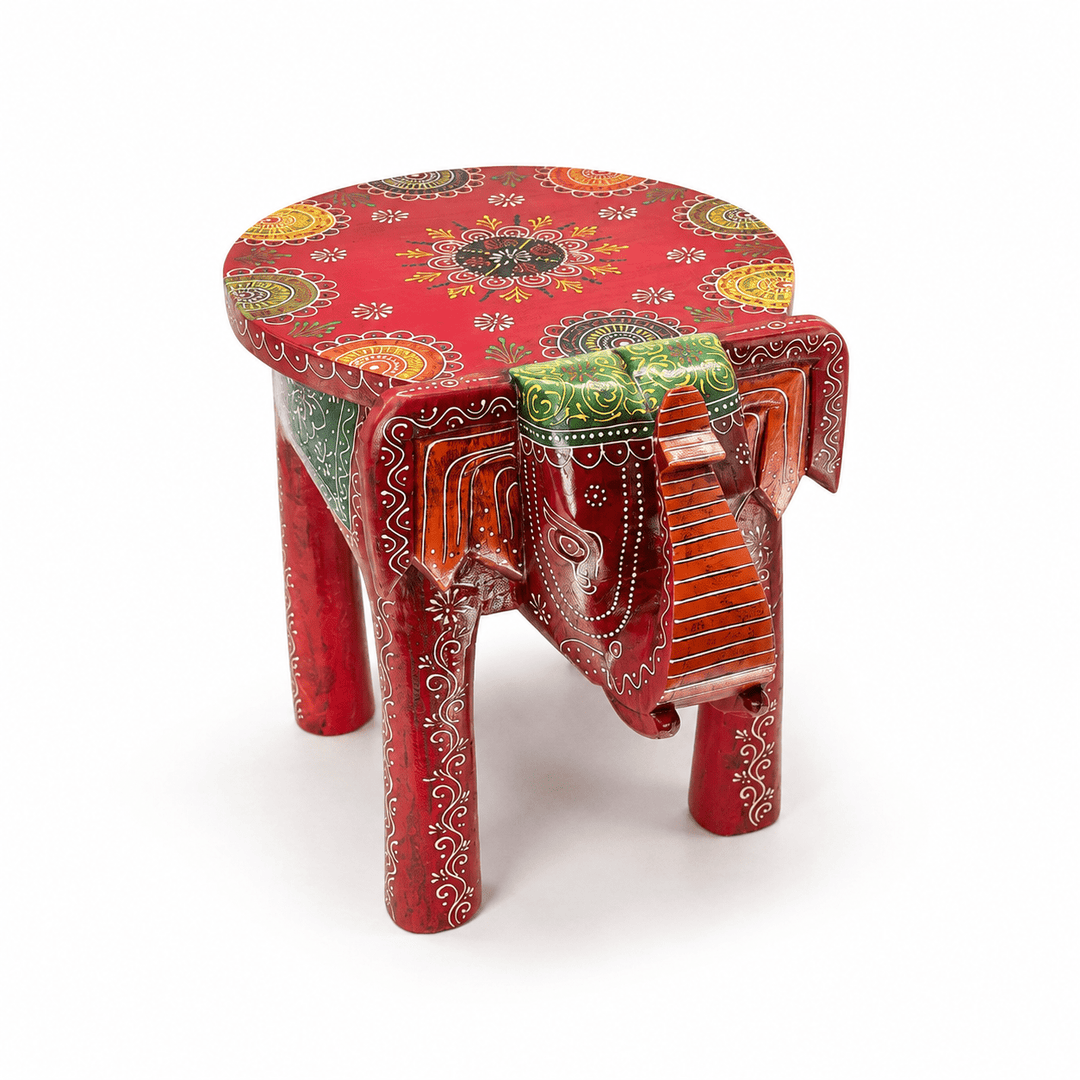 Traditional Elephant-Shaped Wooden Stool and Table