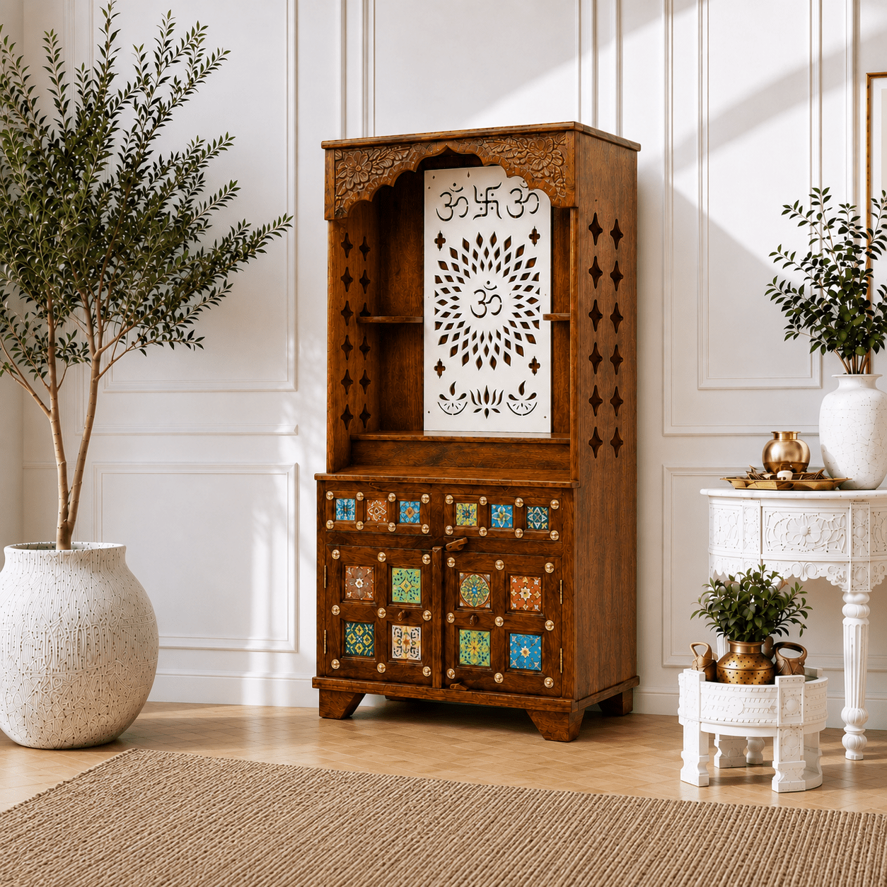 indian handmade wooden mandir with om decorative panel, artisan solid wood pooja ghar with ceramic tile inlay, classic hindu prayer temple cabinet with handcrafted doors, 
