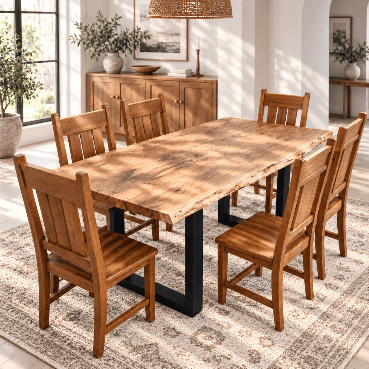  long-lasting wooden dining table, live-edge acacia dining table, natural-edge wooden table, acacia wood table with iron legs, black iron-leg dining table, 
