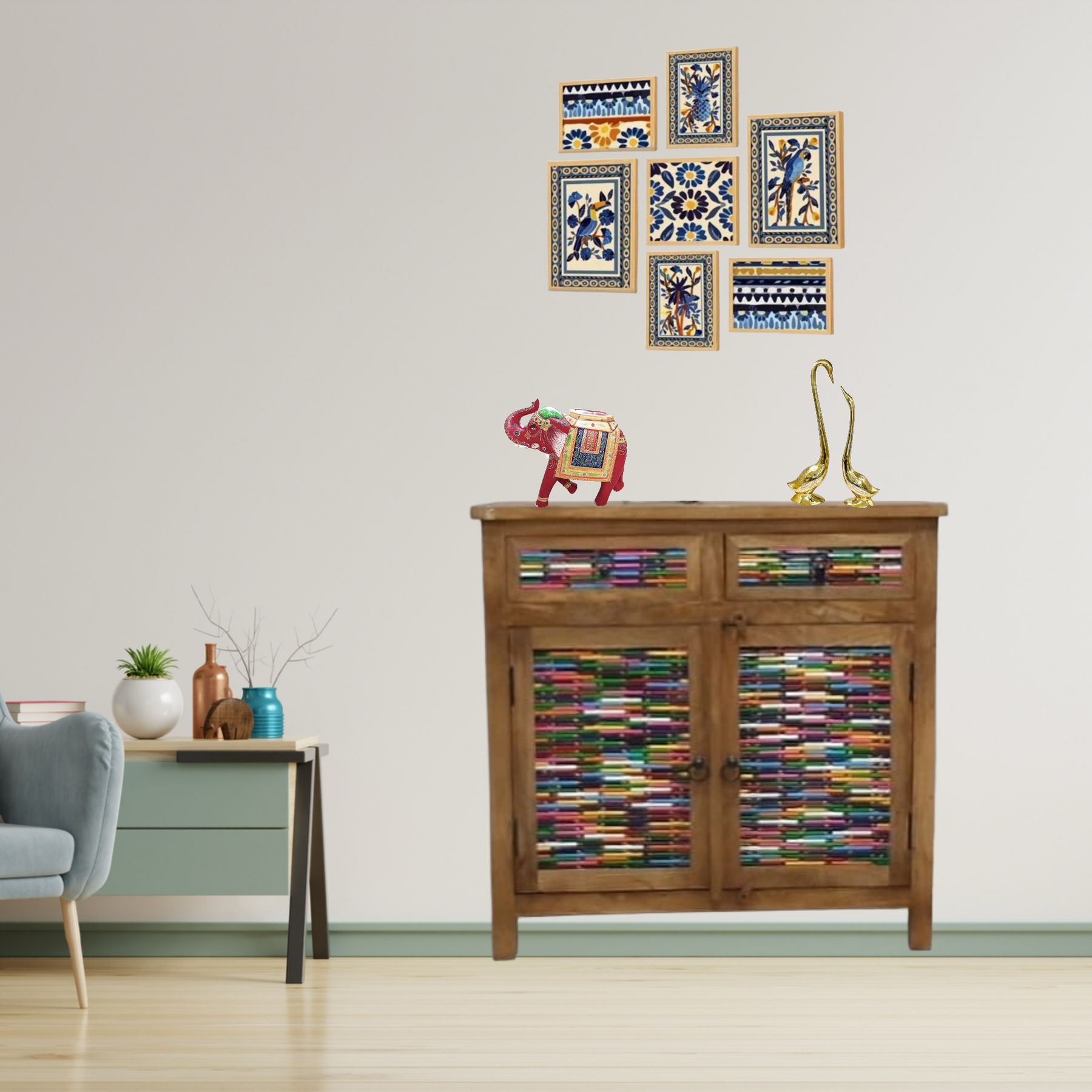Wooden sideboard with pencil design work