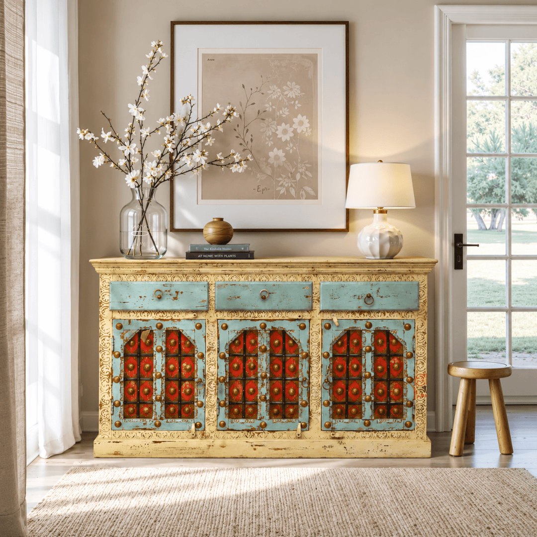 Luxe Boho Hand-Painted vintage Sideboard Cabinet & mirror