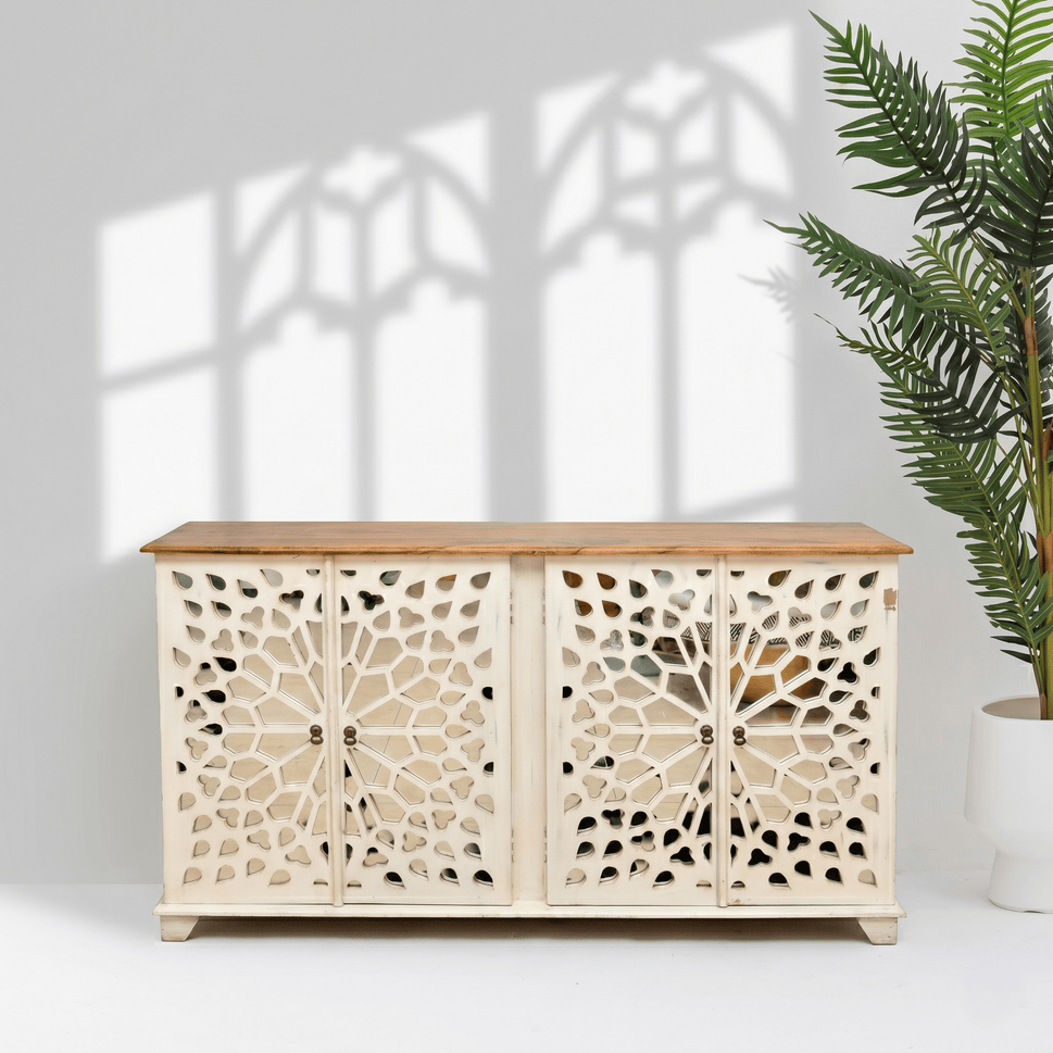 Zahara Hand-Carved Mango Wood Mirror Side cabinet with storage 2 doors
