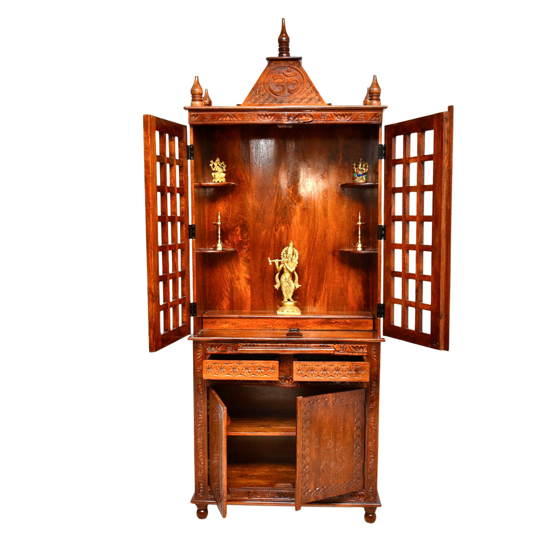 Hand made mango wood home temple with door in cut work