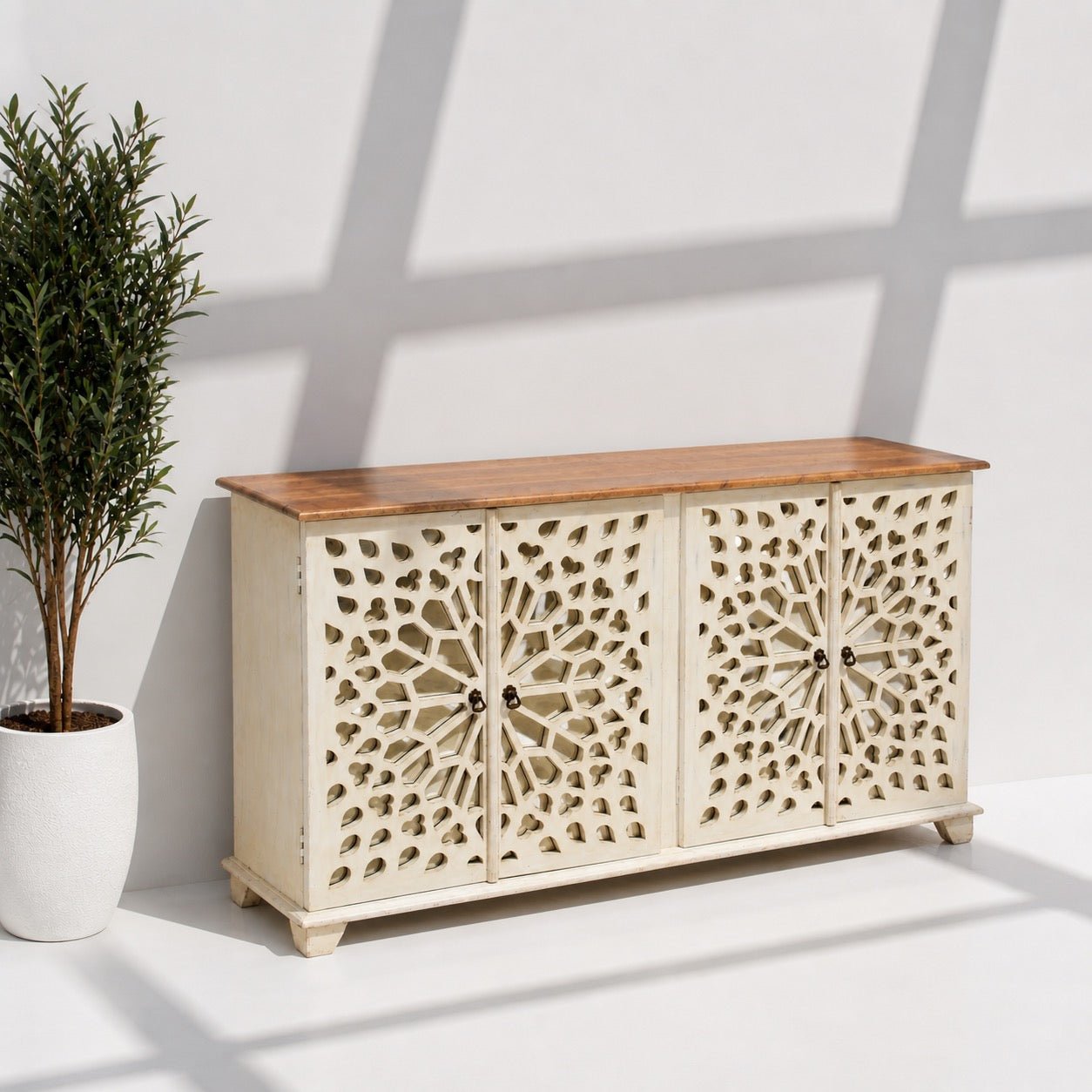 handcrafted buffet table solid wood, handmade luxury credenza storage table, side cabinet unit apartments UAE, side cupboard natural wood Dubai, carved mirror side unit solid wood, 