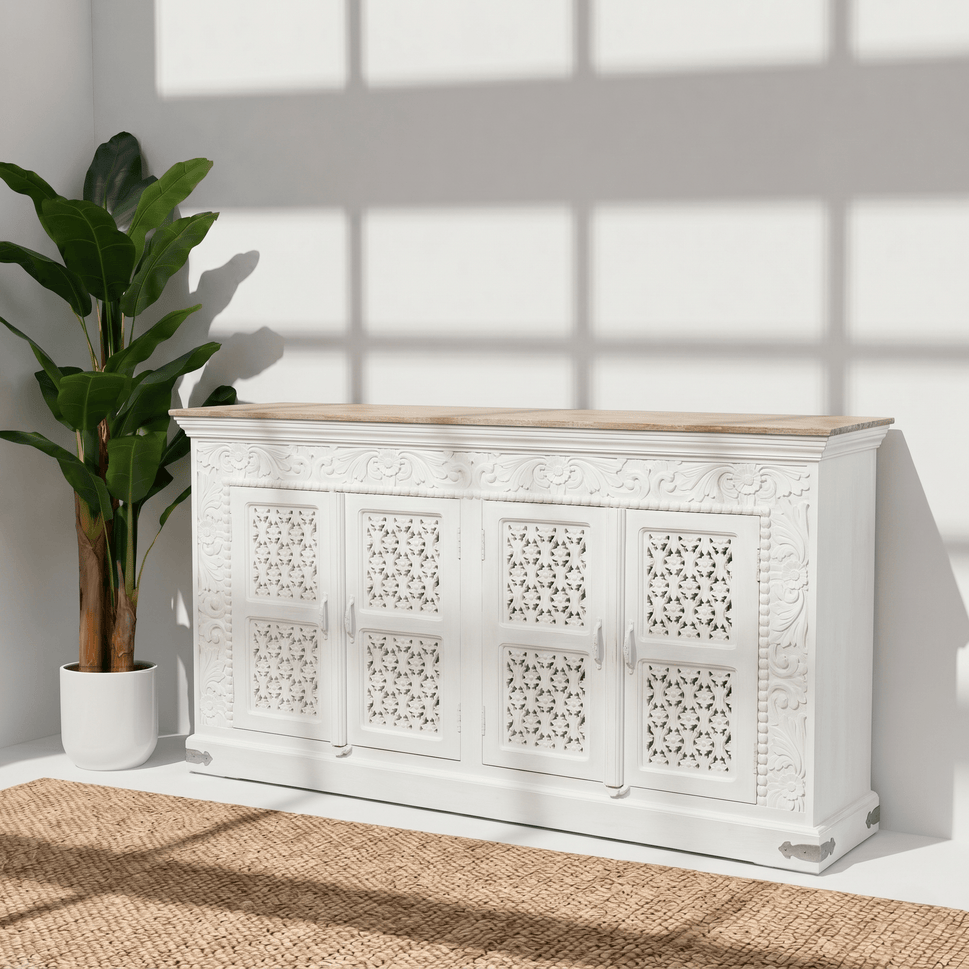 Solid mango wood hand carved 4 doors sideboard cabinet - rustic store console