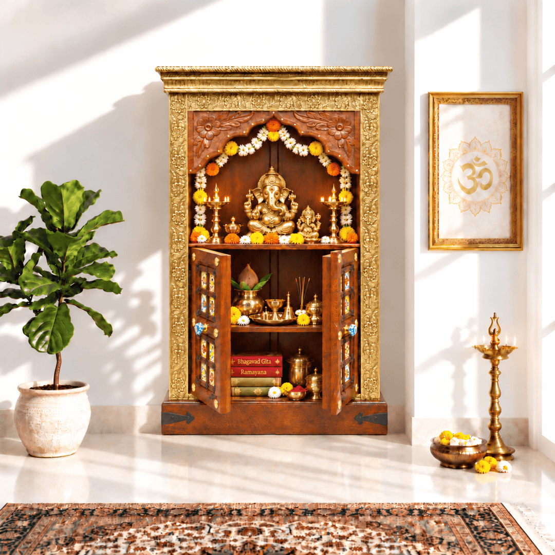 Indian Rosewood Pooja Mandapam with Brass and Tile Work