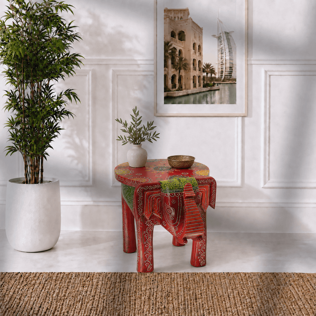Traditional Elephant-Shaped Wooden Stool and Table