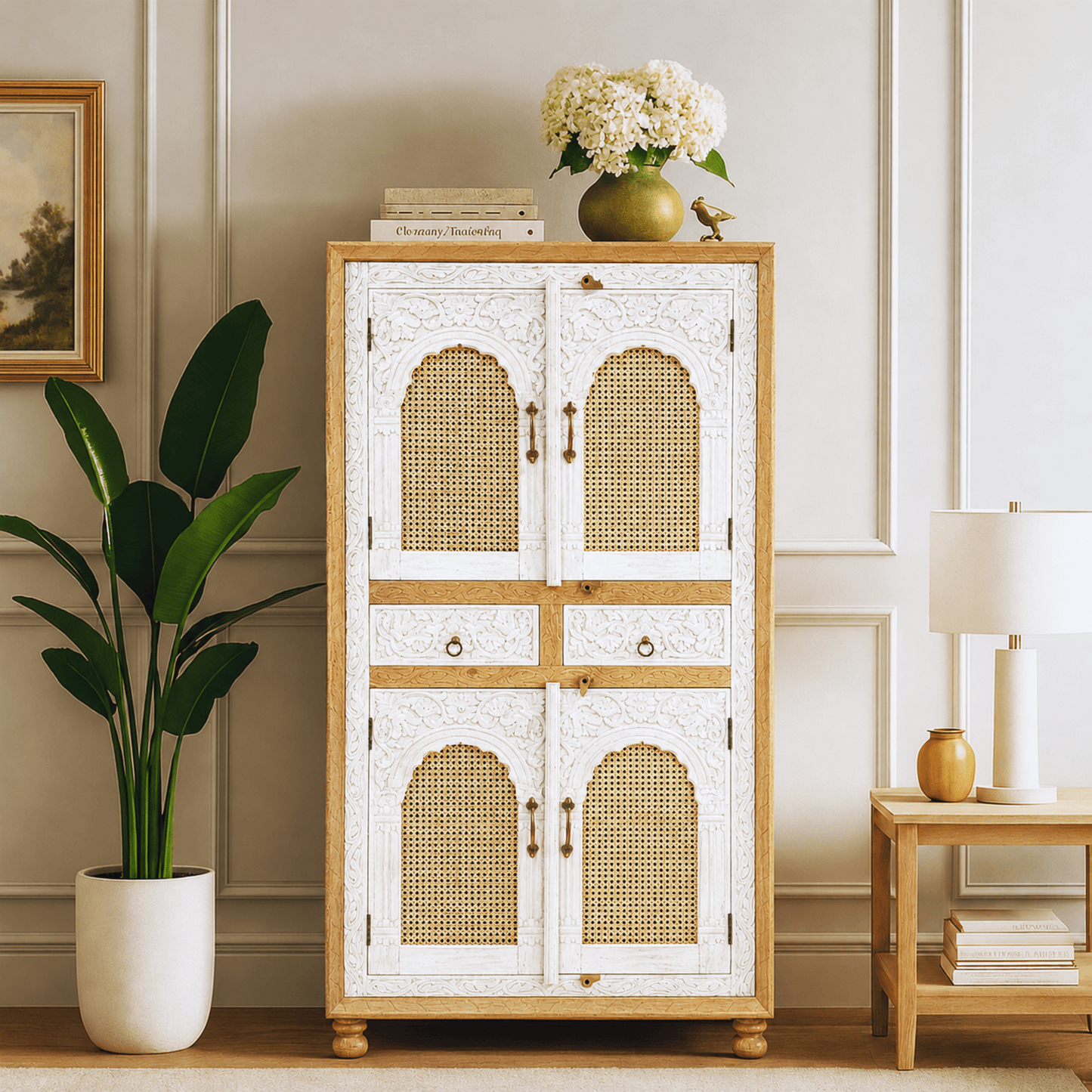 wooden organizer cabinet hand carved, white finishing artisan carved cabinet, wardrobe cabinet solid wood UAE,boho storage cabinet Sharjah,rustic storage cabinet, 