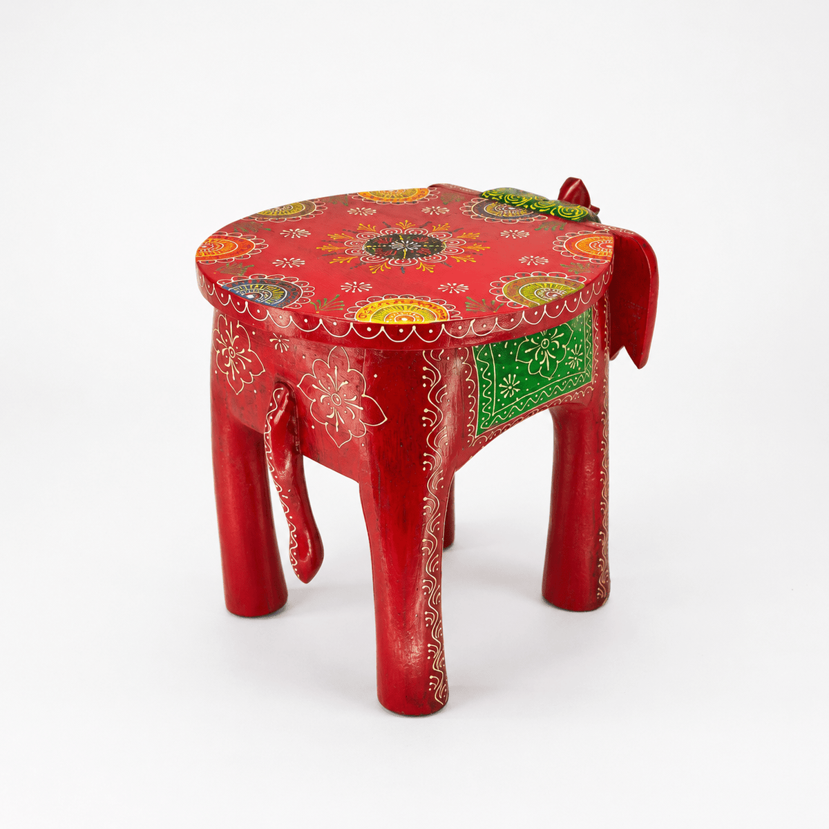 colorful hand painted elephant table, multicolor hand painted elephant table, vibrant hand painted wooden elephant table, traditional colorful elephant side table, 