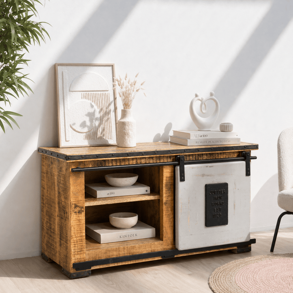 Lunaro solid Wood TV Console Unit with Sliding Door