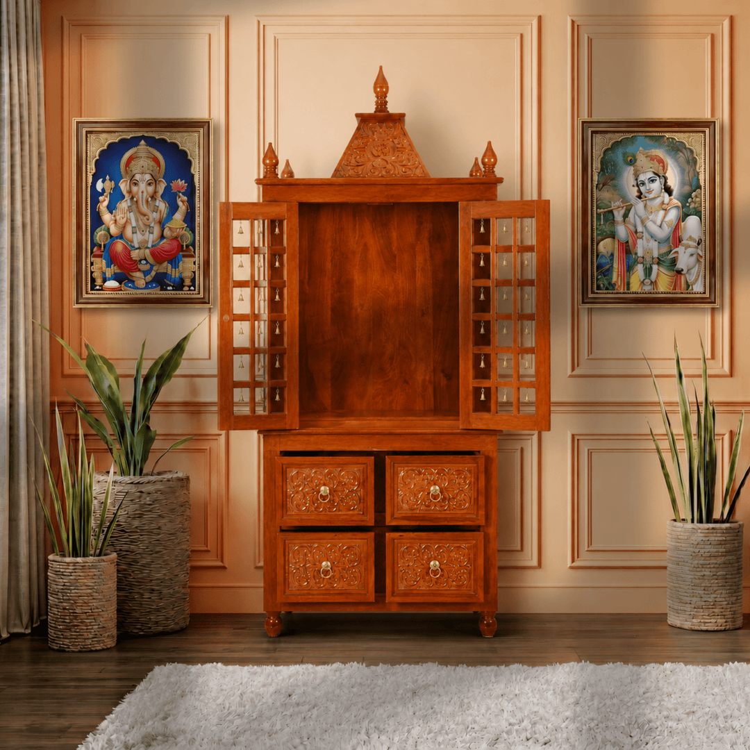 Premium Solid Solid Wood Home Temple Cabinet with Hand-Carved Jali Work doors