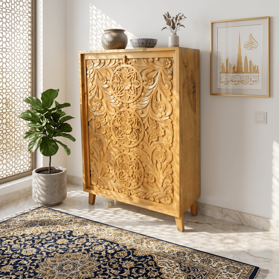 Elegant Hand Carved Mango Wood Accent Cabinet with natural wood finish