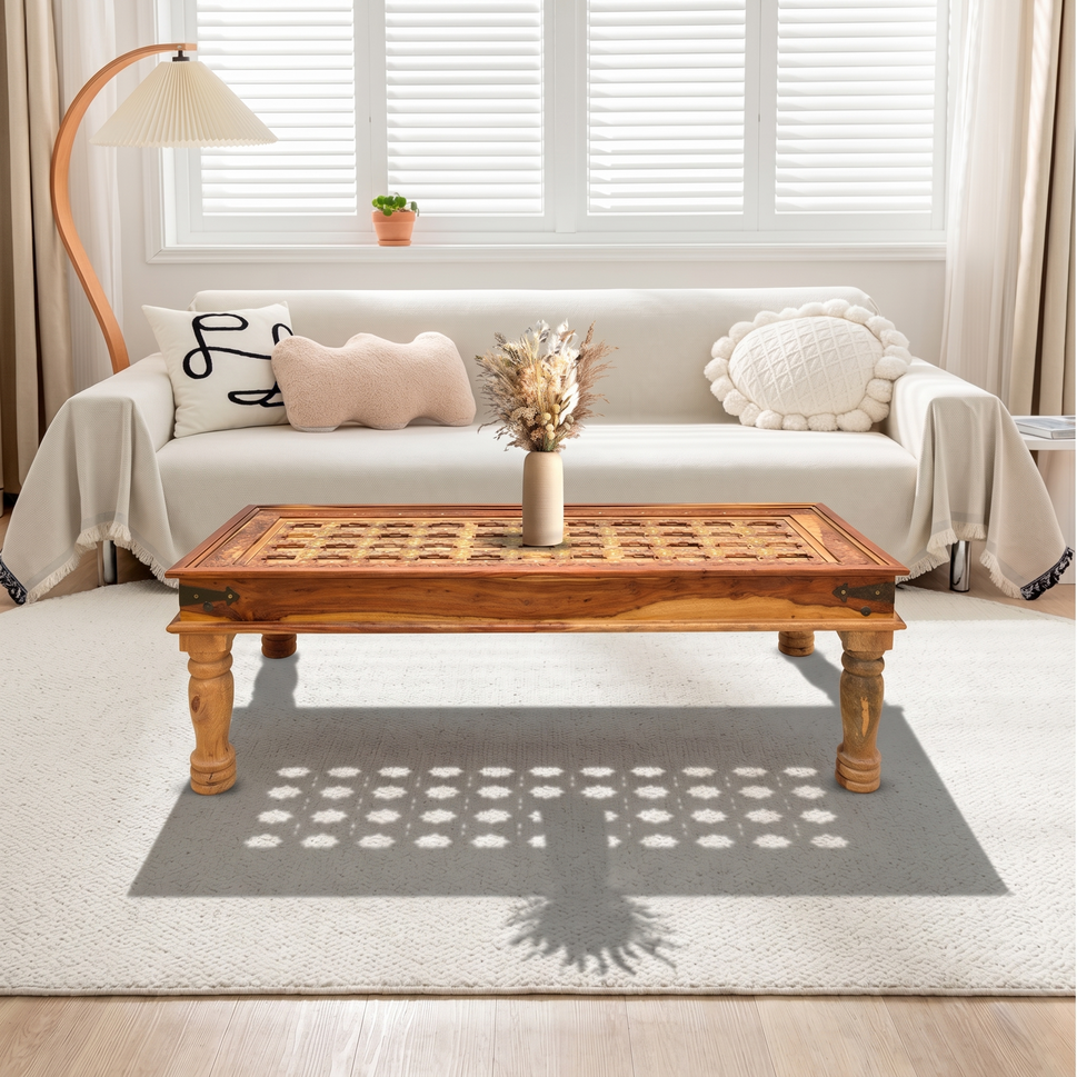 Indian Solid Wood Coffee Table with Hand Carving