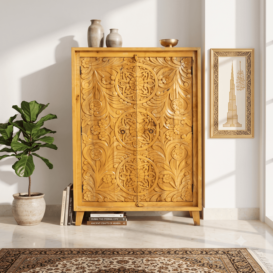 Elegant Hand Carved Mango Wood Accent Cabinet with natural wood finish